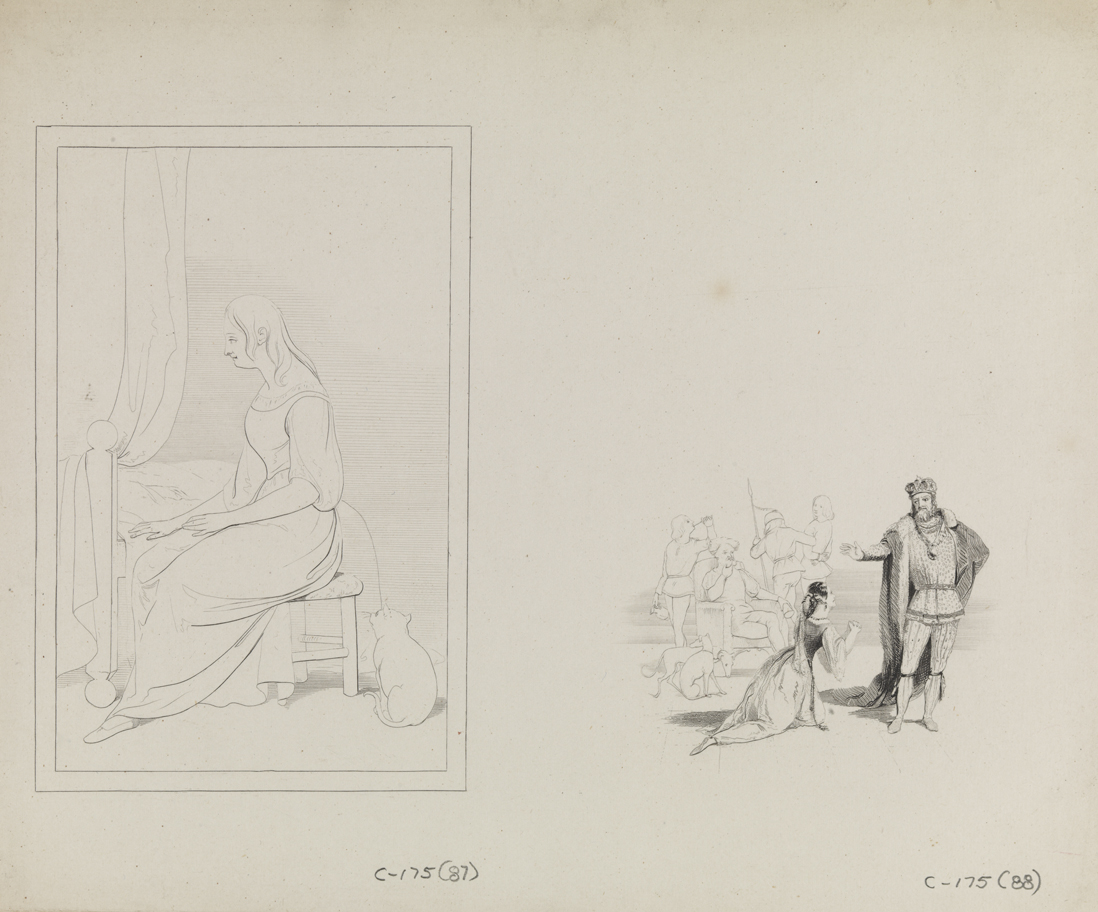 [Girl and cat seated by a bed (vignette)];  [Young woman imploring a monarch]