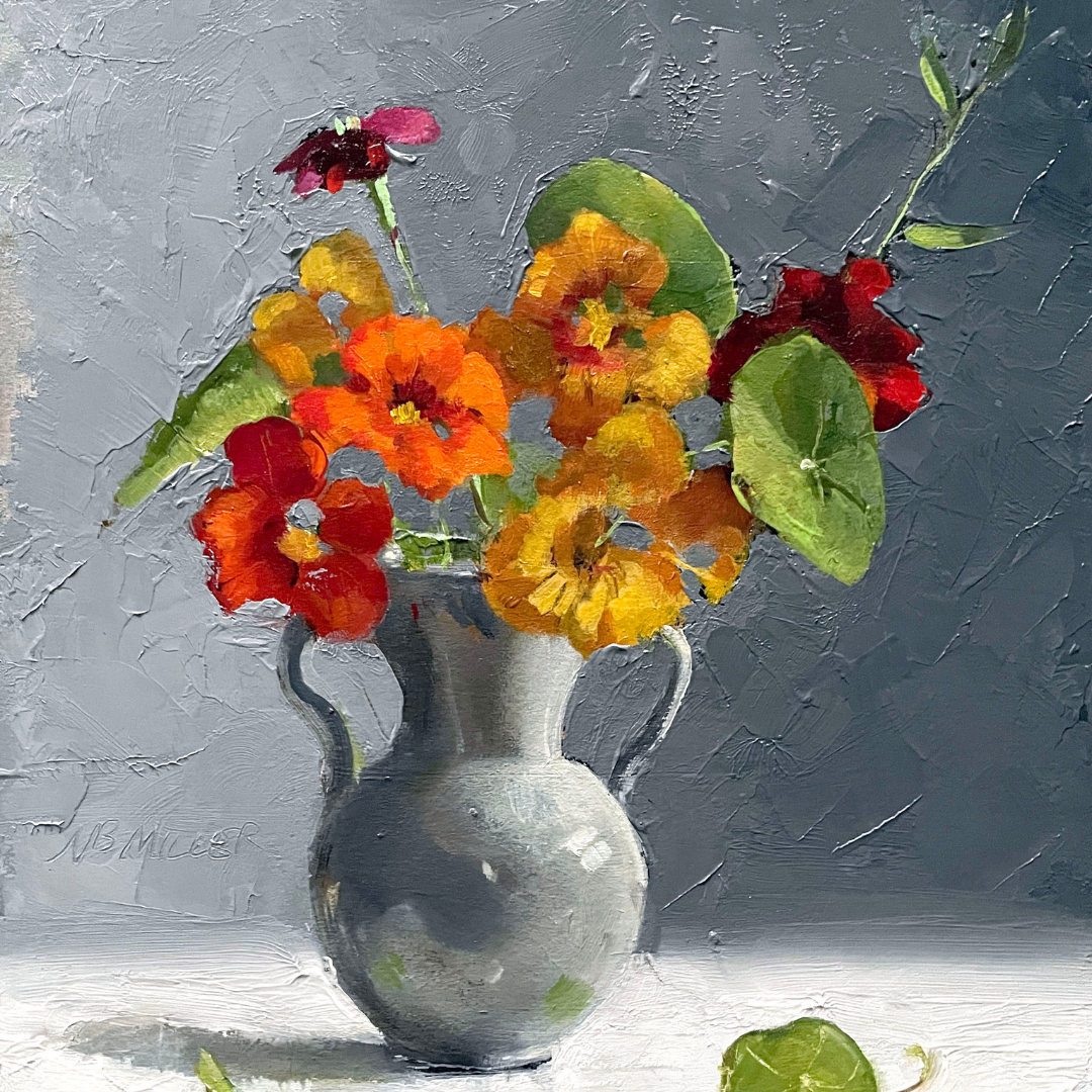 Nasturtiums in a White Vase by Nancy Bea Miller, oil on board, 10 x 8 inches, a still life featuring vibrant orange nasturtiums in a white vase.