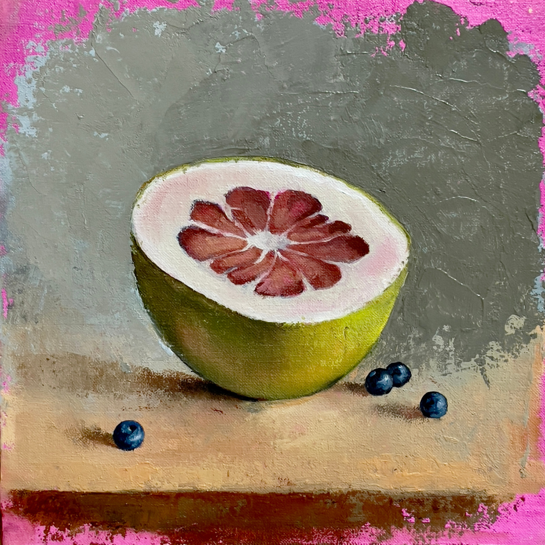 A still life painting of a pomelo fruit alongside scattered blueberries, rendered in oil on rough linen, showcasing vibrant colors and textured brushwork.