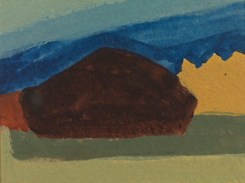 Abstract composition with layered shapes, suggesting a landscape, on a cream background.
