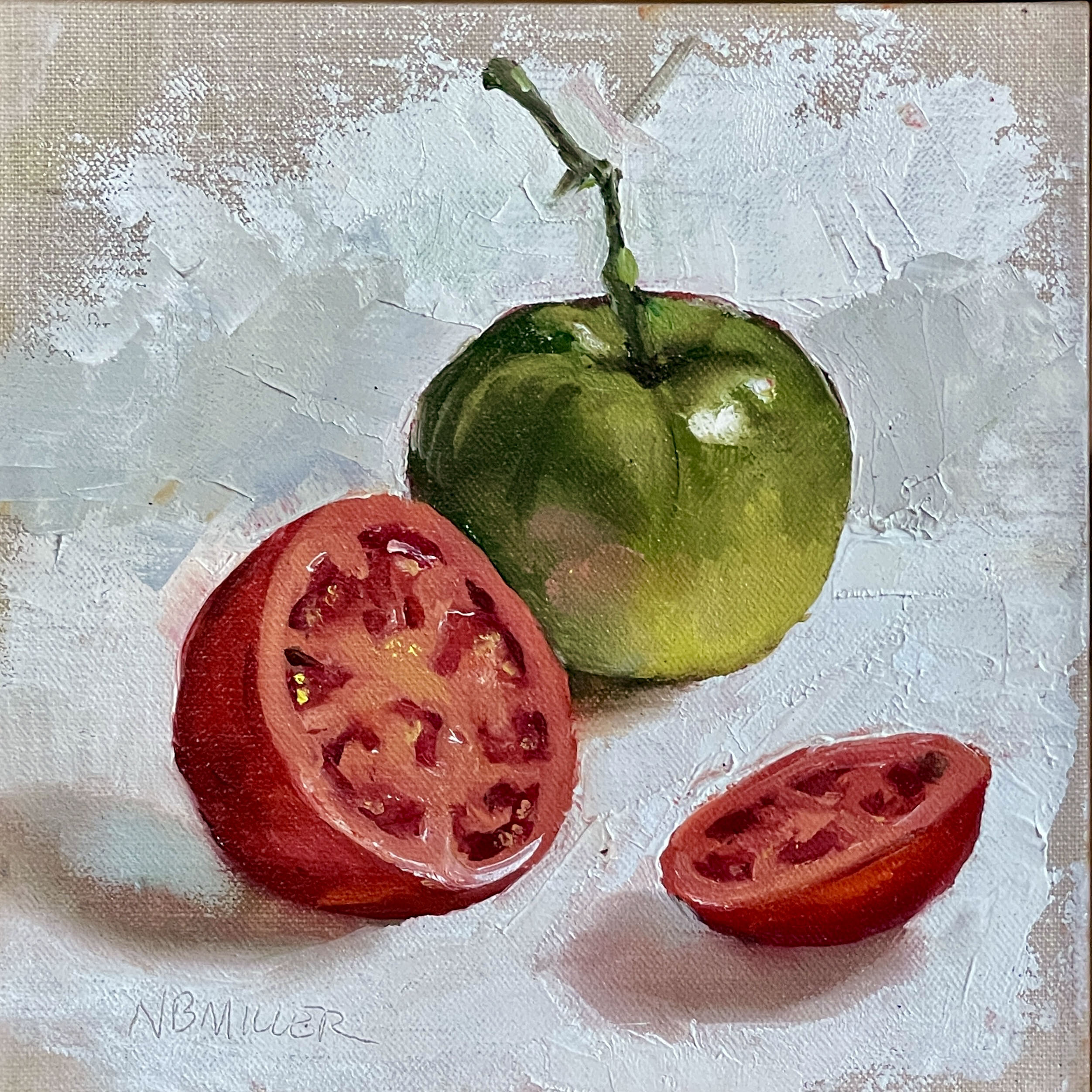 Cut Tomato by Nancy Bea Miller, oil on linen, 6 x 6 inches. A realistic painting of a halved red tomato, showcasing vibrant color and texture on a small square canvas.