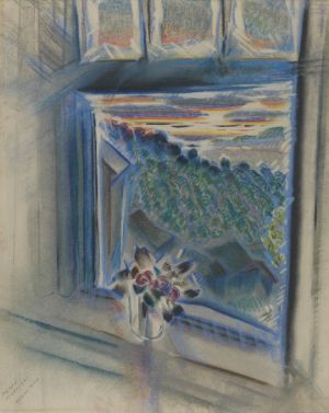 Pastel image of a mountain view from inside a window, by Henry McCarter. The piece is called,  Morgantown (Attic window), ca. 1941, and its color palette is cool with blues, purples, and greens. 
