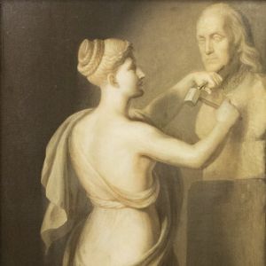 Almost life-size grisaille painting of a Grecian woman sculptor at work, with bust of Benjamin Franklin