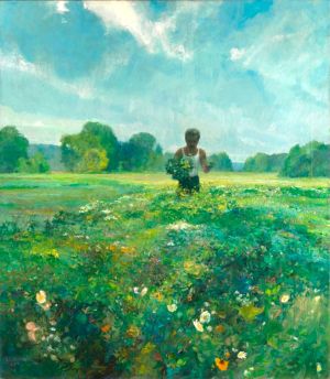 Oil on canvas painting of a person in a green field with blue skies above.