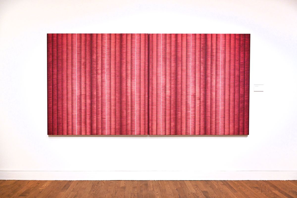 Acrylic on canvas painting depicted in red vertical stripes