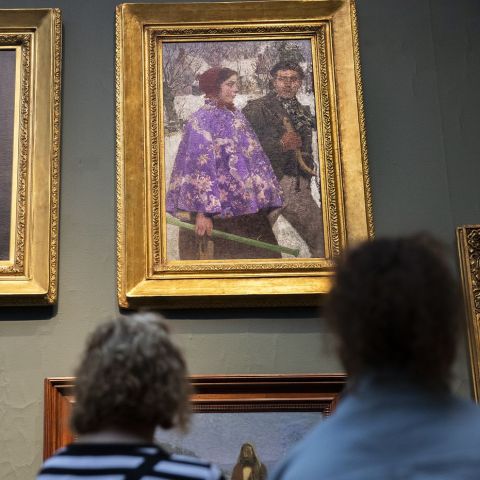 The painting "Skaters" by Gari Melchers (top right) at the Pennsylvania Academy of the Fine Arts is a near twin to one looted by Nazis and recently recovered by the FBI at an upstate New York museum. / Image: Heather Khalifa (Philadelphia Inquirer)