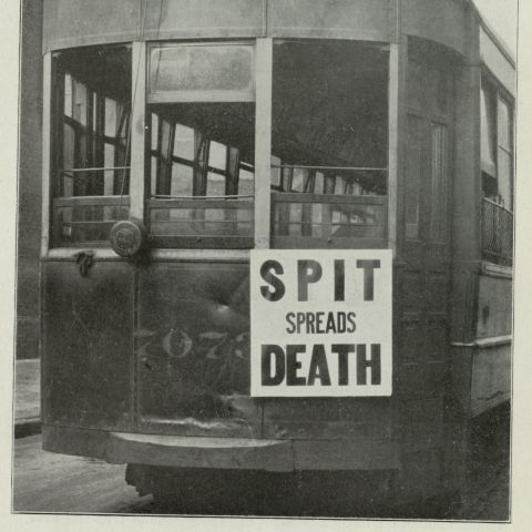 An anti-spitting sign posted on streetcar in Philadelphia, October 1918.Credit: Historical Medical Library of The College of Physicians of Philadelphia