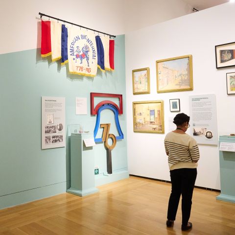 A person standing in a gallery looking at an item in a display case.