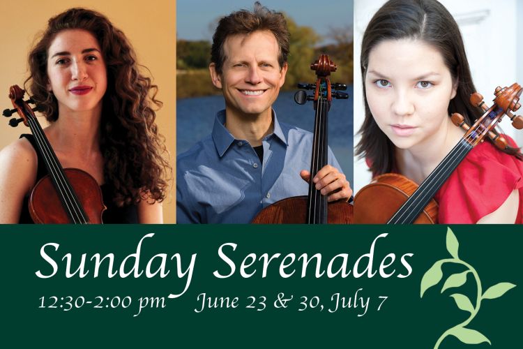Event graphic with three bio photos of the soloists. On the left is a photo of Willa Finck, who is light-skinned with long brown wavy hair and the neck of the violin is resting on the right shoulder. On the right is a bio photo of Bob Cafaro who is light skinned with short brown wavy hair, holding the neck of a cello. Bob is posing outdoors with a lake in the background. The far right image of a portrait of Ren Martin-Doike taken from above> Ren is a very fair-skinned person with straight black hair.