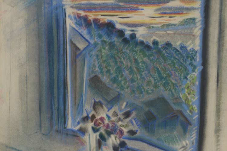 Pastel image of a mountain view from inside a window, by Henry McCarter. The piece is called,  Morgantown (Attic window), ca. 1941, and its color palette is cool with blues, purples, and greens. 