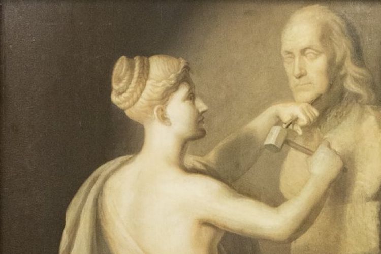 Almost life-size grisaille painting of a Grecian woman sculptor at work, with bust of Benjamin Franklin