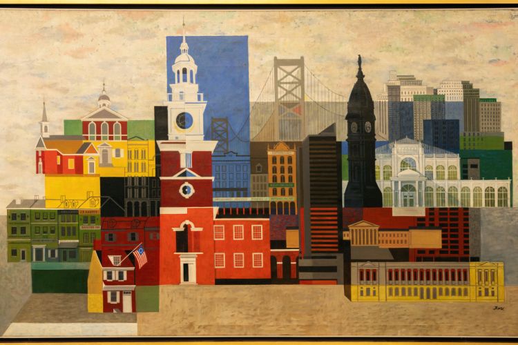 Oil on canvas painting featuring buildings in industrial Philadelphia.