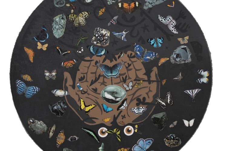 William Villalongo, Specimen, 2023. A circular artwork made with stenciled linen pulp paint, black abaca, and collaged inkjet prints on a black cotton base sheet. Diameter: 21 inches. Part of the Grinnell College Museum of Art Collection.